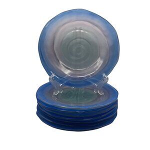 Handmade Blue Iridescent Swirl Glass Plates 8 Inch Set Of 8 Unique Dinnerware